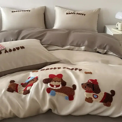 Decorbites cartoon embroidered pink & cream bedding set bedroom cotton