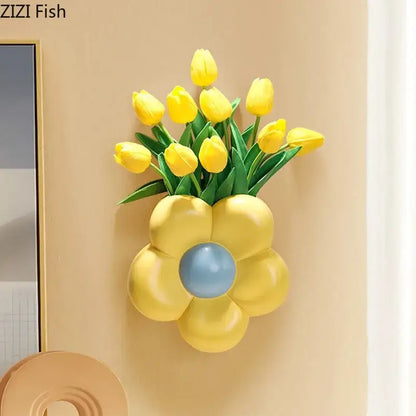 cartoon flower vase pink & yellow bedroom wall decor
