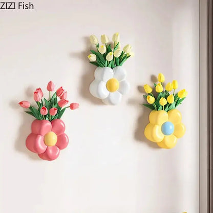 cartoon flower vase pink & yellow bedroom wall decor