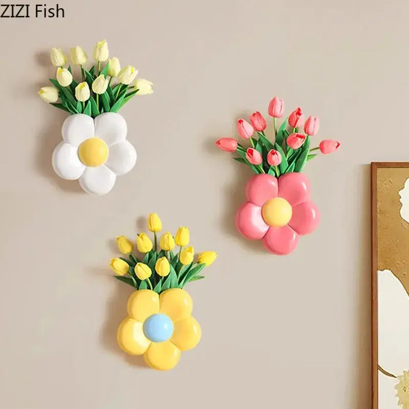 cartoon flower vase pink & yellow bedroom wall decor