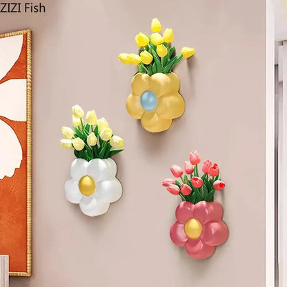 cartoon flower vase pink & yellow bedroom wall decor
