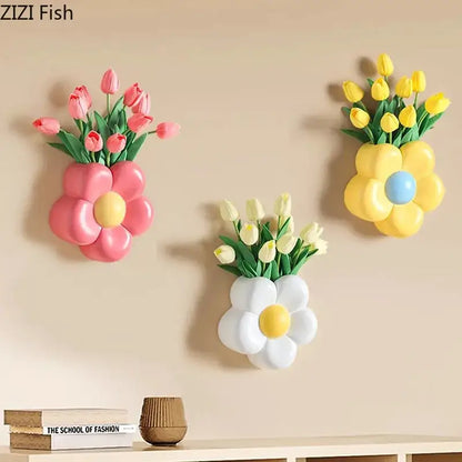 cartoon flower vase pink & yellow bedroom wall decor