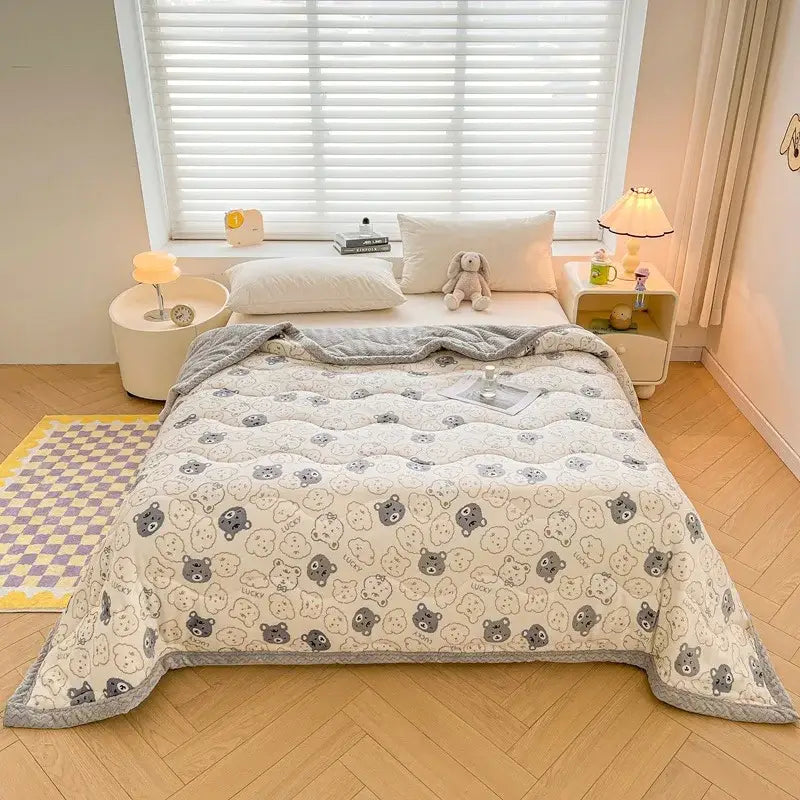 cartoon print cream velvet quilted blanket bedroom bedding