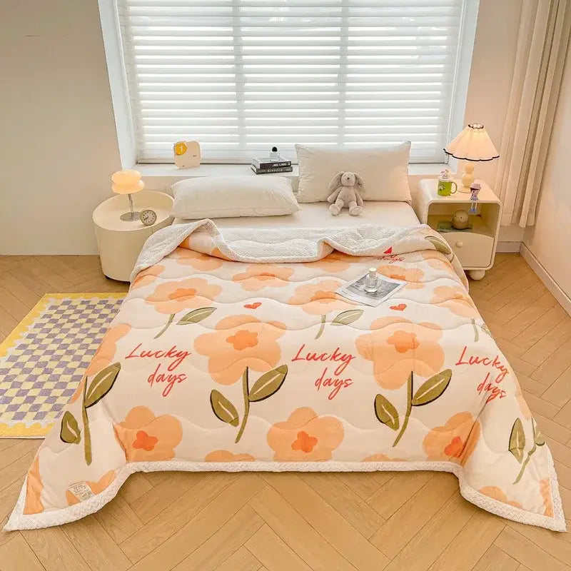cartoon print cream velvet quilted blanket bedroom bedding
