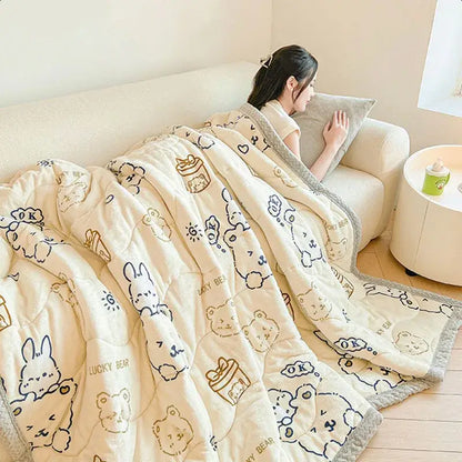 cartoon print cream velvet quilted blanket bedroom bedding
