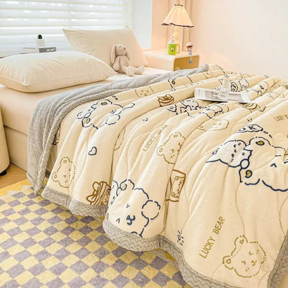 cartoon print cream velvet quilted blanket bedroom bedding