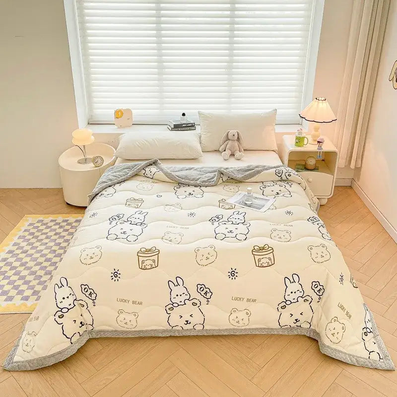 cartoon print cream velvet quilted blanket bedroom bedding