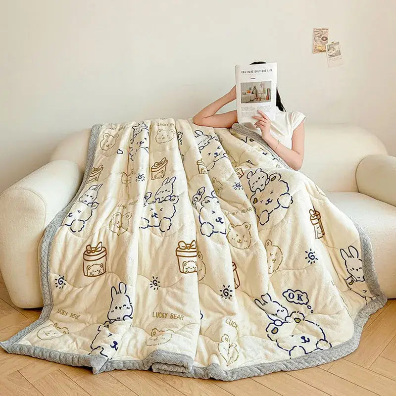 cartoon print cream velvet quilted blanket bedroom bedding