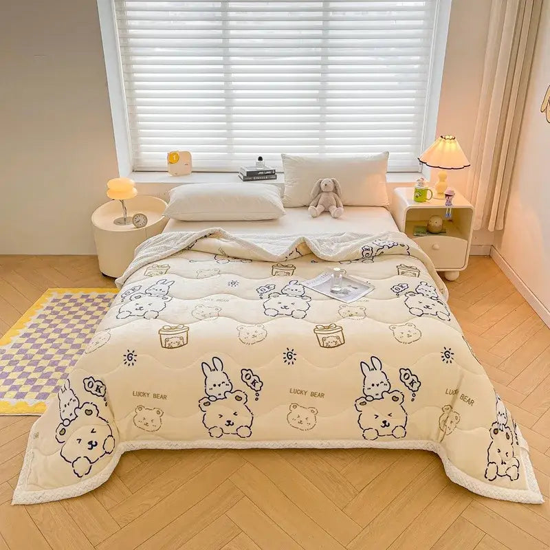 cartoon print cream velvet quilted blanket bedroom bedding