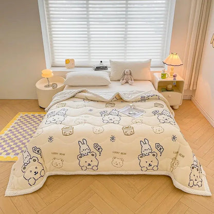 cartoon print cream velvet quilted blanket bedroom bedding