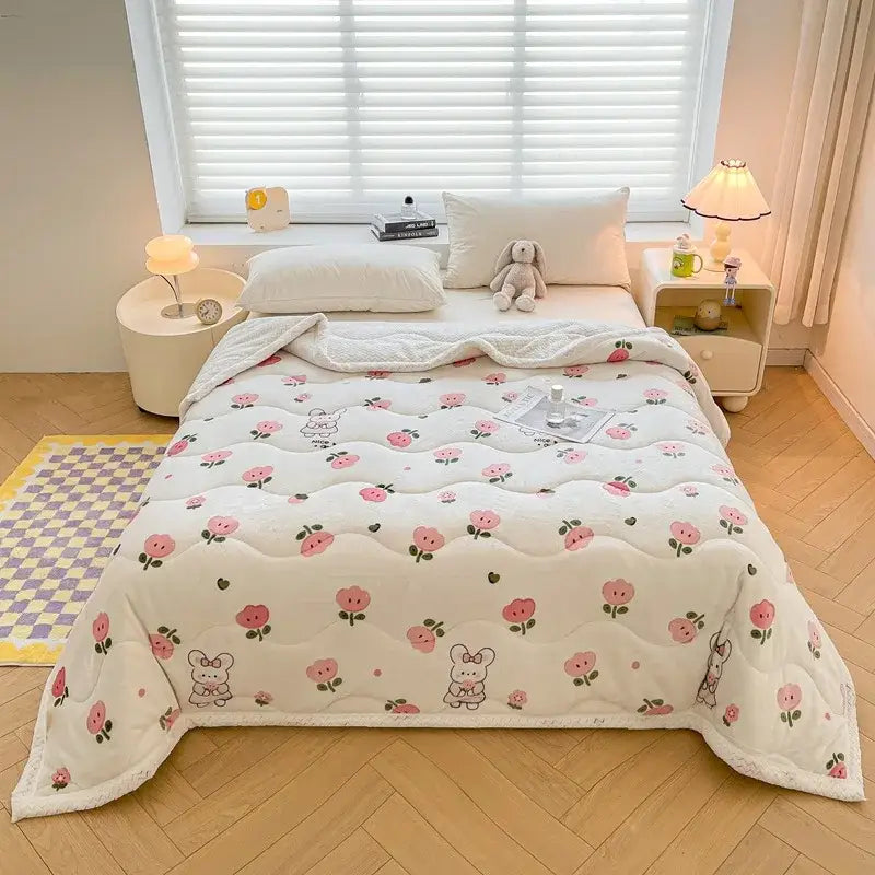cartoon print cream velvet quilted blanket bedroom bedding