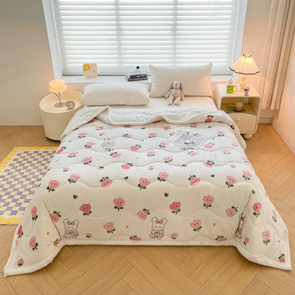 cartoon print cream velvet quilted blanket bedroom bedding