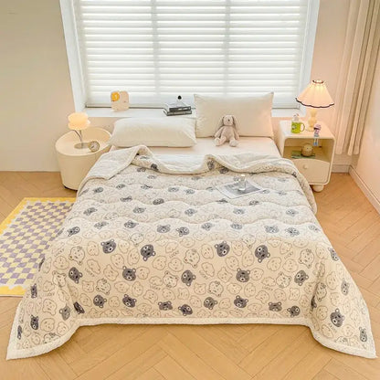 cartoon print cream velvet quilted blanket bedroom bedding