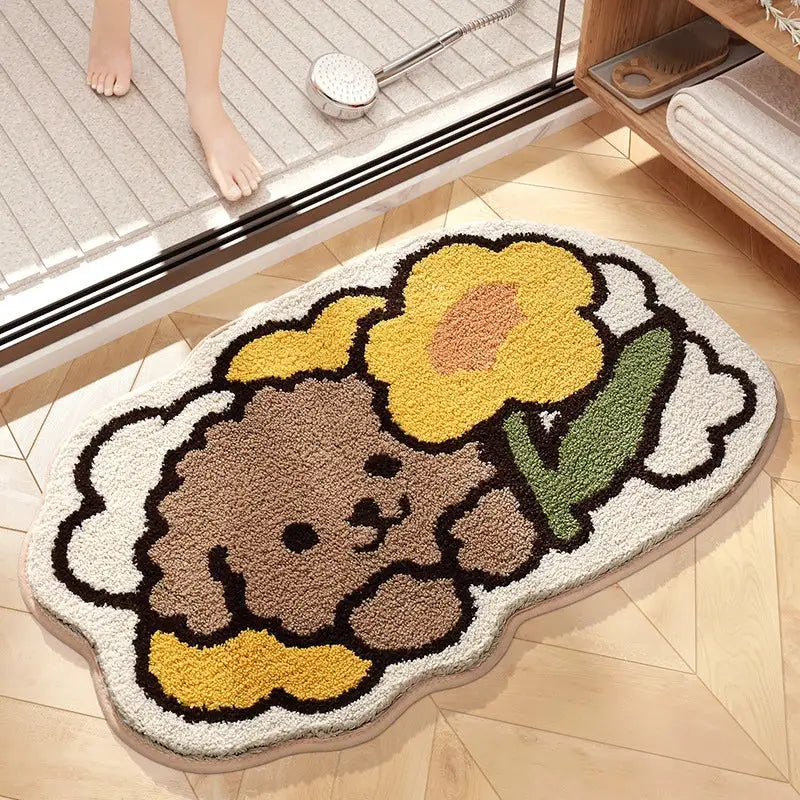 cartoon puppy flocked brown bath rug bathroom mat