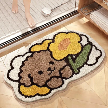 cartoon puppy flocked brown bath rug bathroom mat