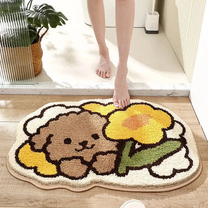 cartoon puppy flocked brown bath rug bathroom mat