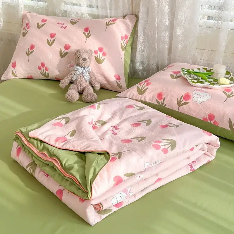 cartoon summer cream teddy bear blanket bedroom cotton bedding