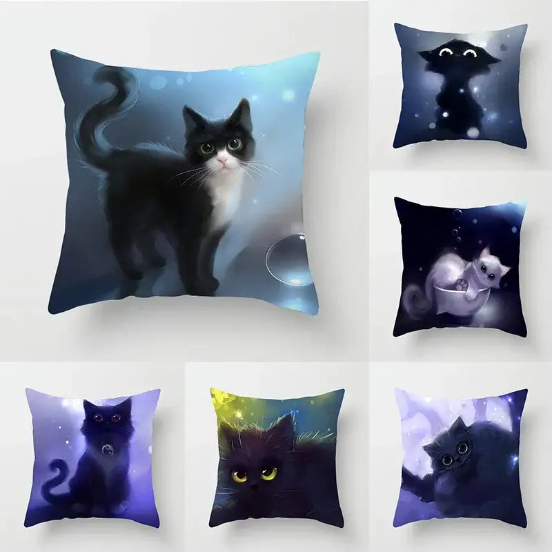cat printed plush cushion cover black & white living room