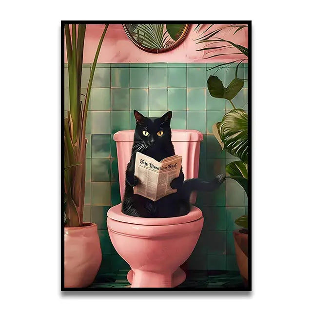 Whimsical black cat reading newspaper toilet canvas wall art bathroom