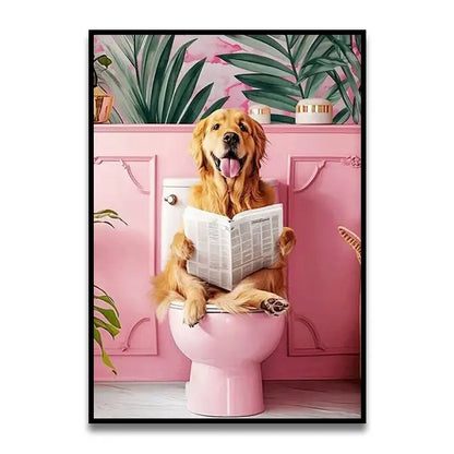 Pink parrot reading newspaper on toilet canvas wall art bathroom decor