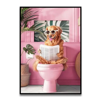Whimsical black cat reading newspaper toilet canvas wall art bathroom