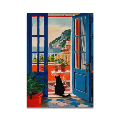 Whimsical black cat reading wall art set – bathroom decor