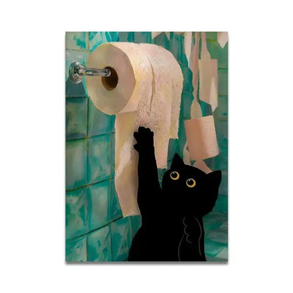 Whimsical black cat reading wall art set – bathroom decor