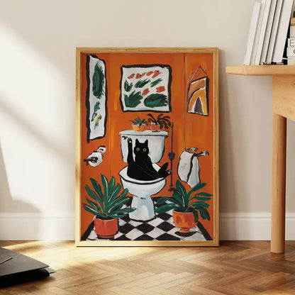 Whimsical black cat reading wall art set – bathroom decor