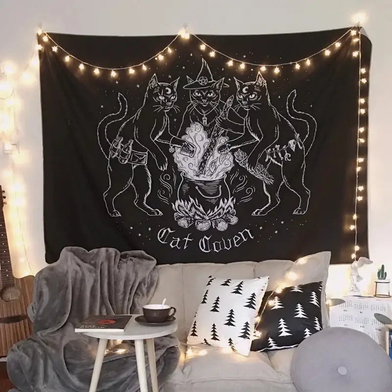 cat witchcraft black rose tapestry bedroom wall hanging