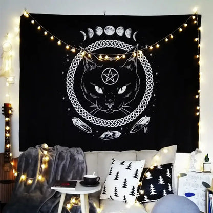 cat witchcraft black rose tapestry bedroom wall hanging