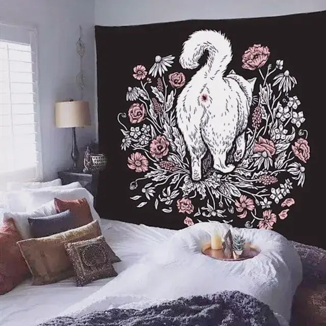cat witchcraft black rose tapestry bedroom wall hanging