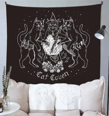 cat witchcraft black rose tapestry bedroom wall hanging
