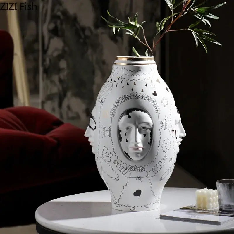 Abstract facial ceramic vase white & gold desktop decor living room