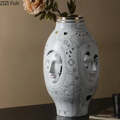 Abstract facial ceramic vase white & gold desktop decor living room