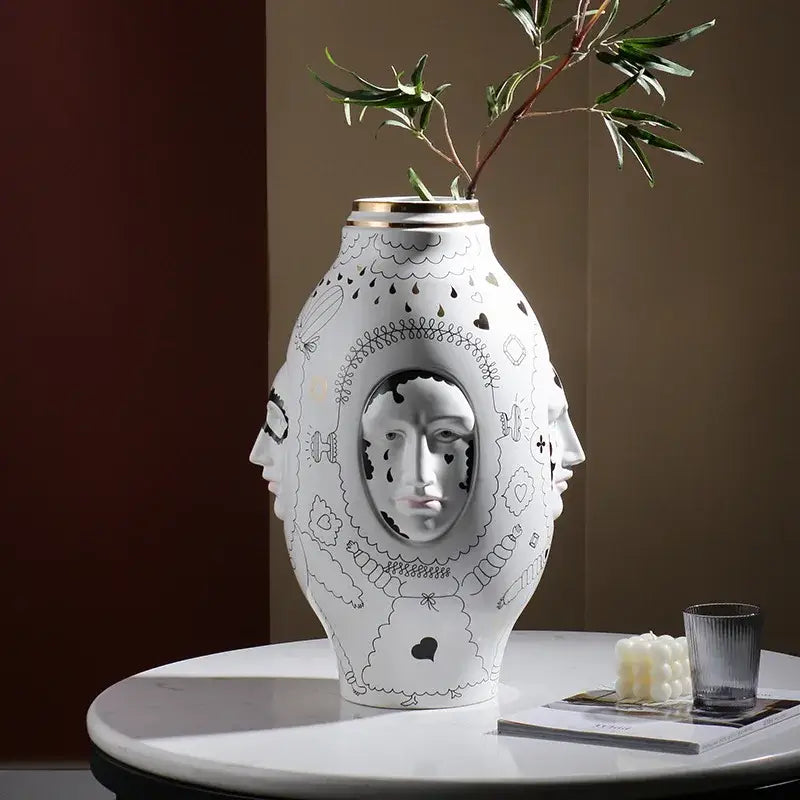 Abstract facial ceramic vase white & gold desktop decor living room