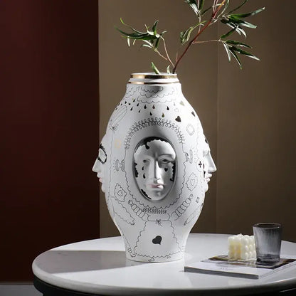 Abstract facial ceramic vase white & gold desktop decor living room