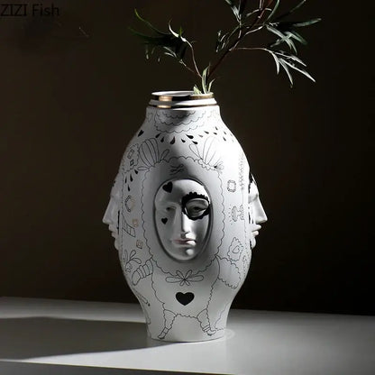 Abstract facial ceramic vase white & gold desktop decor living room