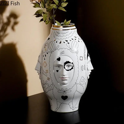 Abstract facial ceramic vase white & gold desktop decor living room