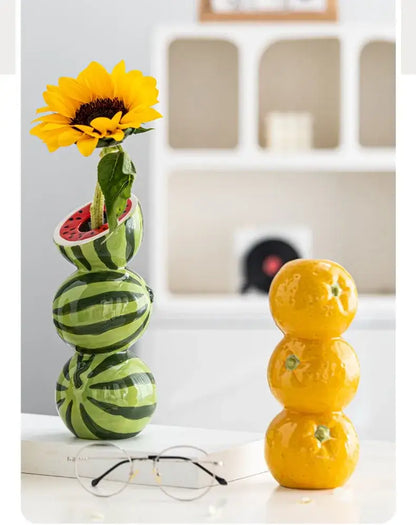 Green & black striped watermelon ceramic fruit vase for kitchen