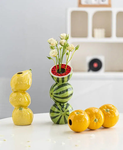 Green & black striped watermelon ceramic fruit vase for kitchen