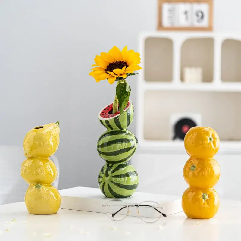 Green & black striped watermelon ceramic fruit vase for kitchen
