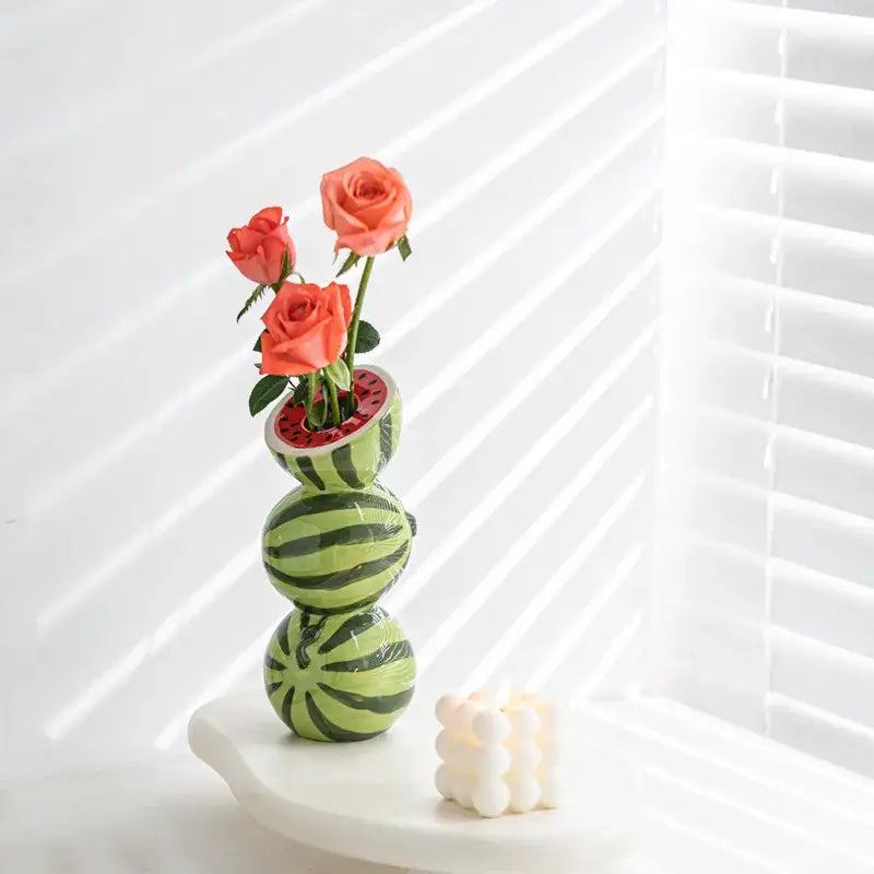Green & black striped watermelon ceramic fruit vase for kitchen