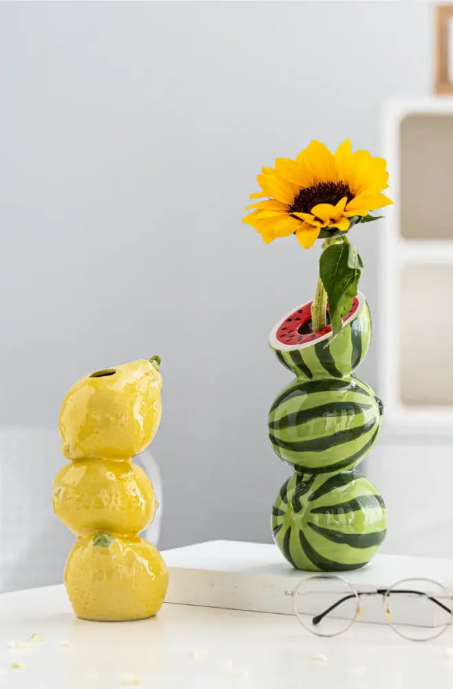 Green & black striped watermelon ceramic fruit vase for kitchen