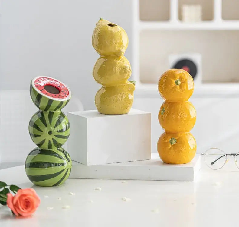 Green & black striped watermelon ceramic fruit vase for kitchen