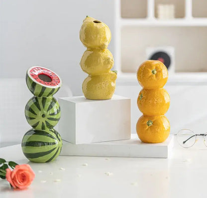 Green & black striped watermelon ceramic fruit vase for kitchen