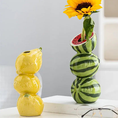 Green & black striped watermelon ceramic fruit vase for kitchen