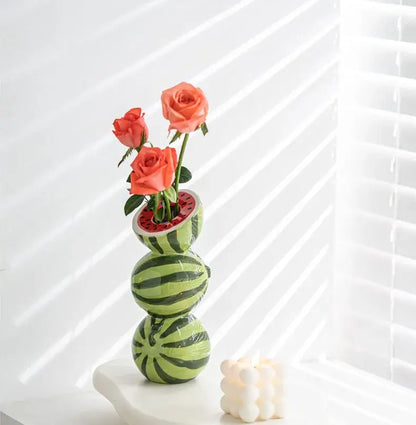 Green & black striped watermelon ceramic fruit vase for kitchen