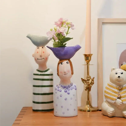 Stylized blue & purple people ceramic vase set living room decor
