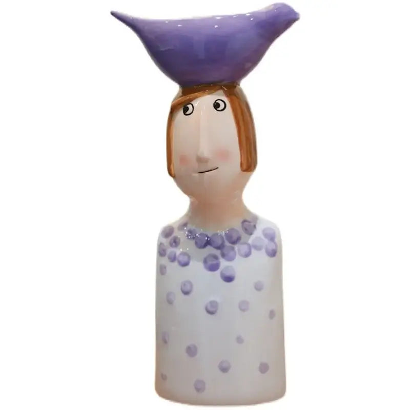 Stylized blue & purple people ceramic vase set living room decor
