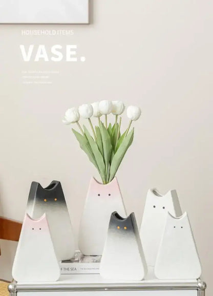 Charming white & gray cat ceramic vase set living room decor
